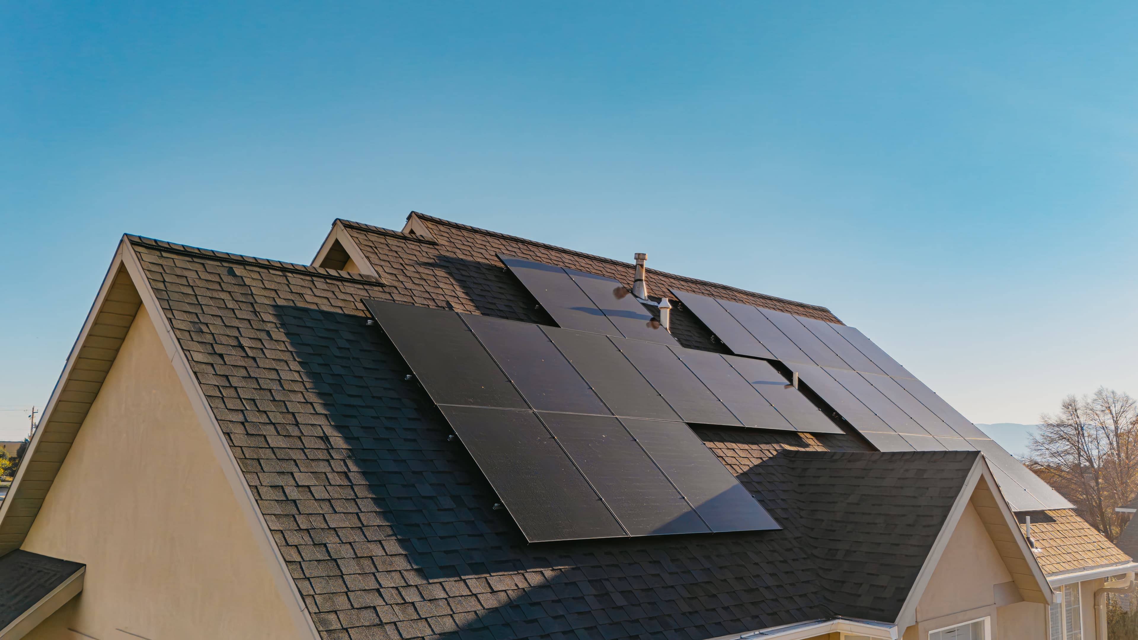 Close view of rooftop solar panels on a home